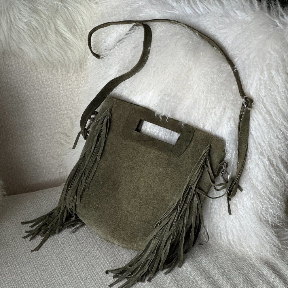 RAJ L.A. OLIVE GREEN SUEDE FRINGE CROSSBODY PURSE.